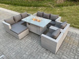 Fimous Light Grey Rattan Garden Furniture Set Gas FirePit Dining Table Heater Burner Lounge Sofa Set Chairs Footstool