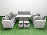 Fimous PE Rattan High Back Lounge Sofa Set Patio Adjustable Lifting Dining or Coffee Table & Chairs Set with 3 Seater Sofa Reclining Chair Stools Side Table Light Grey