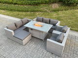 Fimous Light Grey Rattan Garden Furniture Set Gas FirePit Dining Table Heater Burner Lounge Sofa Set Chairs Footstool