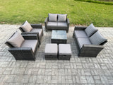 Fimous Rattan Garden Furniture Set Patio Outdoor Lounge Sofa Set with Square Coffee Table Double Seat Sofa 2 Small Footstools Dark Grey Mixed