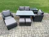 Fimous Wicker PE Rattan Furniture Garden Dining Set Outdoor Height Adjustable Rising lifting Table Love Sofa Chair With Side Table 3 Stools