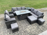 Fimous Wicker Rattan Garden Furniture Set Gas Fire Pit Dining Table Indoor Outdoor with Side Tables Chair Loveseat Sofa 3 Footstools