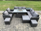 Fimous Wicker Rattan Garden Furniture Set Gas Fire Pit Dining Table Indoor Outdoor with Side Tables Chair Loveseat Sofa 3 Footstools
