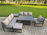 Fimous Aluminium Garden Furniture Sets,8 Seater Outdoor Sofa Dining Set with Adjustable Rising Lifting Dining Table Side Table Big Footstool for Yard,Poolside, Patio, Dark Grey