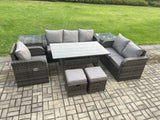 Fimous 8 Seater Garden Rattan Furniture Dining Table Sofa Set Indoor Outdoor with Reclining Chairs 2 Side Tables 2 Small Footstools Dark Grey Mixed