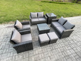 Fimous Rattan Garden Furniture Set 8 Seater Patio Outdoor Lounge Sofa Set with Square Coffee Table Double Seat Sofa Side Table 2 Small Footstools Dark Grey Mixed