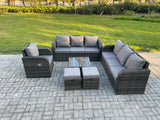 Fimous Outdoor Rattan Garden Furniture Set Conservatory Patio Sofa Coffee Table With Reclining Chair 2 Small Footstools Dark Grey Mixed