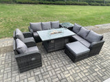 Fimous Garden Patio Furniture Wicker Rattan Gas Fire Pit Table and Sofa set with Recling Chair Side Table Big Footstool