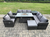 Fimous Garden Patio Furniture Wicker Rattan Gas Fire Pit Table and Sofa set with Recling Chair Side Table Big Footstool