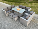 Fimous Light Grey Rattan FirePit Dining Set Garden Furniture Set Gas Heater Burner Lounge Sofa Dining Set Chairs Stools