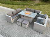Fimous Light Grey Rattan FirePit Dining Set Garden Furniture Set Gas Heater Burner Lounge Sofa Dining Set Chairs Stools