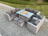 Fimous Light Grey Rattan FirePit Dining Set Garden Furniture Set Gas Heater Burner Lounge Sofa Dining Set Chairs Stools