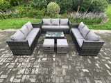 Fimous Outdoor Lounge Sofa Set Wicker PE Rattan Garden Furniture Set with Oblong Coffee Table 2 Small Footstools Dark Grey Mixed