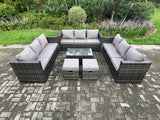 Fimous Outdoor Lounge Sofa Set Wicker PE Rattan Garden Furniture Set with Oblong Coffee Table 2 Small Footstools Dark Grey Mixed