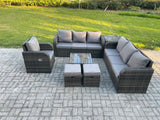 Fimous Outdoor Rattan Garden Furniture Set Conservatory Patio Sofa Coffee Table With Reclining Chair Side Table 2 Small Footstools Dark Grey Mixed