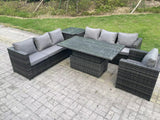 Fimous 7 Seater Wicker PE Garden Furniture Rattan Sofa Set Outdoor Adjustable Rising Lifting Dining Table Set with Armchair Side Table Dark Grey Mixed
