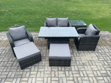 Fimous Rattan Outdoor Furniture Garden Dining Sets Patio Height Adjustable Rising lifting Table Love Sofa Chair Set With Side Tables Stools