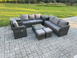 Fimous 9 Seater Outdoor Rattan Garden Furniture Set Conservatory Patio Sofa Coffee Table With Reclining Chair 2 Small Footstools 2 Side Tables Dark Grey Mixed