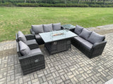 Fimous Rattan Garden Furniture Set with Fire Pit Table,Chair and Side Table 8 Seater Outdoor Patio Lounge Sofa Set Dark Grey Mixed