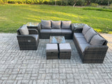 Fimous 9 Seater Outdoor Rattan Garden Furniture Set Conservatory Patio Sofa Coffee Table With Reclining Chair 2 Small Footstools 2 Side Tables Dark Grey Mixed