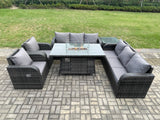 Fimous Rattan Garden Furniture Set with Fire Pit Table,Chair and Side Table 8 Seater Outdoor Patio Lounge Sofa Set Dark Grey Mixed