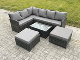 Fimous 8 Seater Rattan Lounge Corner Sofa Set Wicker PE Outdoor Garden Furniture Set with Coffee Table 2 Big Fotstools Dark Grey Mixed
