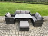 Fimous 7 Seater Garden Rattan Furniture Dining Table Sofa Set Indoor Outdoor with Reclining Chairs Big Footstool Dark Grey Mixed