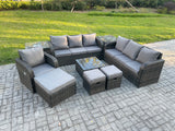 Fimous 10 Seater Outdoor Rattan Garden Furniture Set Conservatory Patio Sofa Coffee Table With Reclining Chair 3 Footstools 2 Side Tables Dark Grey Mixed