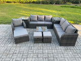 Fimous 10 Seater Outdoor Rattan Garden Furniture Set Conservatory Patio Sofa Coffee Table With Reclining Chair 3 Footstools 2 Side Tables Dark Grey Mixed