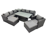 Fimous 9 Seater Outdoor Corner Sofa Height Adjustable Rising Lifting Table Set Garden Rattan Furniture Set with Side Table 2 Big Stool Dark Grey