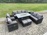 Fimous Wicker Rattan Garden Furniture Set Gas Fire Pit Dining Table Indoor Outdoor with Side Table Chair Loveseat Sofa 2 Footstools