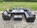 Fimous Wicker Rattan Garden Furniture Set Gas Fire Pit Dining Table Indoor Outdoor with Side Table Chair Loveseat Sofa 2 Footstools