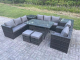 Fimous 10 Seater Outdoor Wicker Garden Furniture Rattan Lounge Sofa Set Patio Rectangular Dining Table with 2 Armchair 2 Side Table 2 Small Stools Dark Grey Mixed