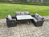 Fimous 6 Seater Garden Rattan Furniture Dining Table Sofa Set Indoor Outdoor with Reclining Chairs Dark Grey Mixed