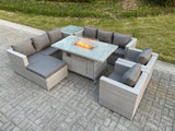 Fimous Light Grey Rattan Fire Pit Garden Furniture Set Gas Heater Burner Lounge Sofa Dining Set Coffee Table Chairs Footstool