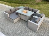 Fimous Light Grey Rattan Fire Pit Garden Furniture Set Gas Heater Burner Lounge Sofa Dining Set Coffee Table Chairs Footstool
