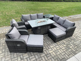 Fimous Rattan Outdoor Furniture Gas Fire Pit Rectangle Dining Table Gas Heater Adjustable Reclining Chair 3 Seater Sofa Sets 10 Seater