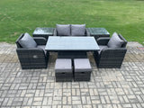 Fimous 6 Seater Rattan Outdoor Furniture Garden Dining Set Patio Height Adjustable Rising lifting Table Love Sofa Chair With 2 Side Tables Stools