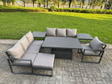 Fimous Aluminium Garden Furniture Sets,8 Seater Outdoor Sofa Dining Set with Adjustable Rising Lifting Dining Table 2 Side Tables Big Footstool for Yard,Poolside, Patio, Dark Grey