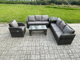 Fimous 7 Seater Wicker PE Rattan Sofa Set Outdoor Patio Garden Furniture Set with Side Table Reclining Chairs Coffee Table Dark Grey Mixed