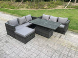 Fimous 7 Seater Wicker PE Rattan Garden Furniture Sofa Set Outdoor Adjustable Rising Lifting Dining Table Set with Big Footstool Dark Grey Mixed