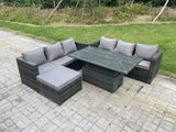 Fimous 7 Seater Wicker PE Rattan Garden Furniture Sofa Set Outdoor Adjustable Rising Lifting Dining Table Set with Big Footstool Dark Grey Mixed