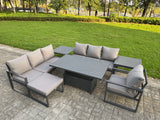 Fimous Aluminium Garden Furniture Sets,8 Seater Outdoor Sofa Dining Set with Adjustable Rising Lifting Dining Table 2 Side Tables Big Footstool for Yard,Poolside, Patio, Dark Grey
