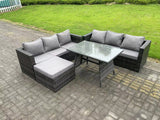 Fimous 7 Seater Wicker PE Rattan Garden Dining Set Outdoor Furniture Sofa with Dining Table Big Footstool Dark Grey Mixed