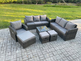Fimous Outdoor Rattan Garden Furniture Set Conservatory Patio Sofa Coffee Table With Reclining Chair 3 Footstools Dark Grey Mixed