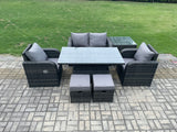 Fimous Outdoor Rattan Garden Furniture Set Height Adjustable Rising lifting Dining Table Love Sofa Chair With Side Table Stools