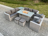 Fimous Light Grey Rattan Fire Pit Garden Furniture Set Gas Heater Burner Lounge Sofa Dining Set Coffee Table Chairs Stool