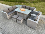 Fimous Light Grey Rattan Fire Pit Garden Furniture Set Gas Heater Burner Lounge Sofa Dining Set Coffee Table Chairs Stool