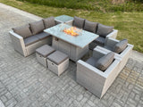 Fimous Light Grey Rattan Fire Pit Garden Furniture Set Gas Heater Burner Lounge Sofa Dining Set Coffee Table Chairs Stool