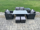 Fimous Outdoor Rattan Garden Furniture Set Height Adjustable Rising lifting Dining Table Love Sofa Chair With Side Table Stools